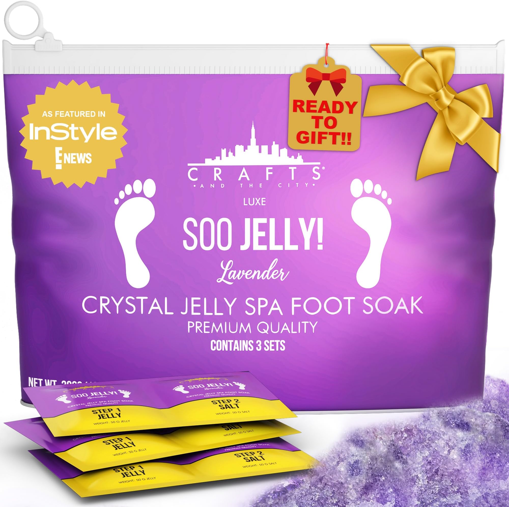 CRAFTS AND THE CITY Jelly Pedicure Packs - Foot Soak for Dry Cracked Feet Moisturizing Spa Pedi Bath Salts Soaking Gel to Relax Sore Feet, Lavender, Damascus Rose