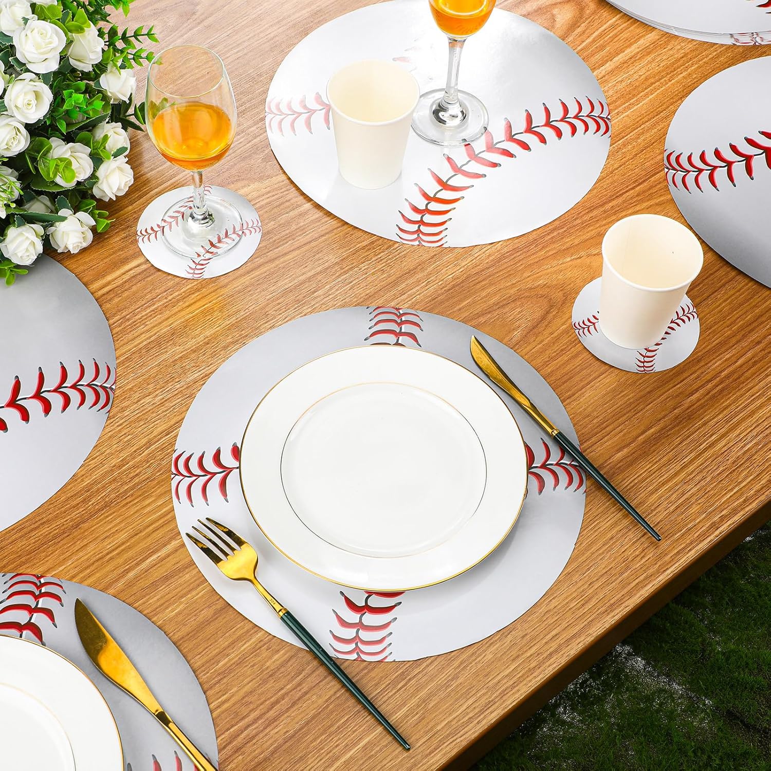 Mumufy 200 Pcs Disposable Baseball Paper Place Mat Coaster Set Include Baseball Paper Place Mats and Coasters Bulk Table Mats Party Decorative Paper for Birthday Dining Kitchen Baby Shower Party Decor