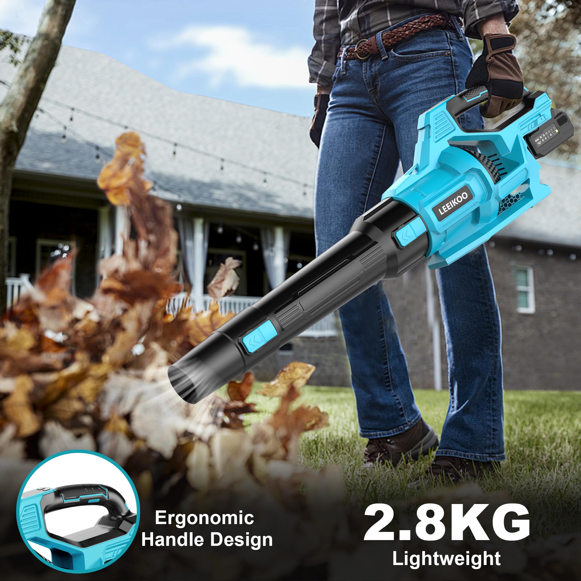 Souffleur Batterie, 21V Souffleur de Feuilles avec 2 Batteries 4,0Ah, 3 Vitesses, 2 Tubes de Soufflage, Sangle Souffleur à Batterie pour Nettoyage de Jardin