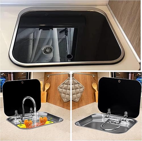Miniatura 2 de YIYIBYUS Lavabo de lavabo de acero inoxidable con tapa de vidrio templado para caravana, cocina en casa, bar o barco, lavabo de mano de acero