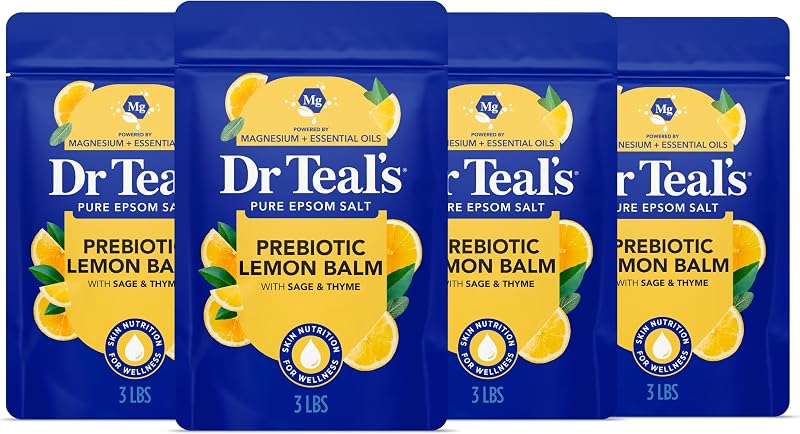 Pure Epsom Magnesium Salt Soak, Prebiotic Lemon Balm & Essential Oil, 3 lbs (Pack of 4)