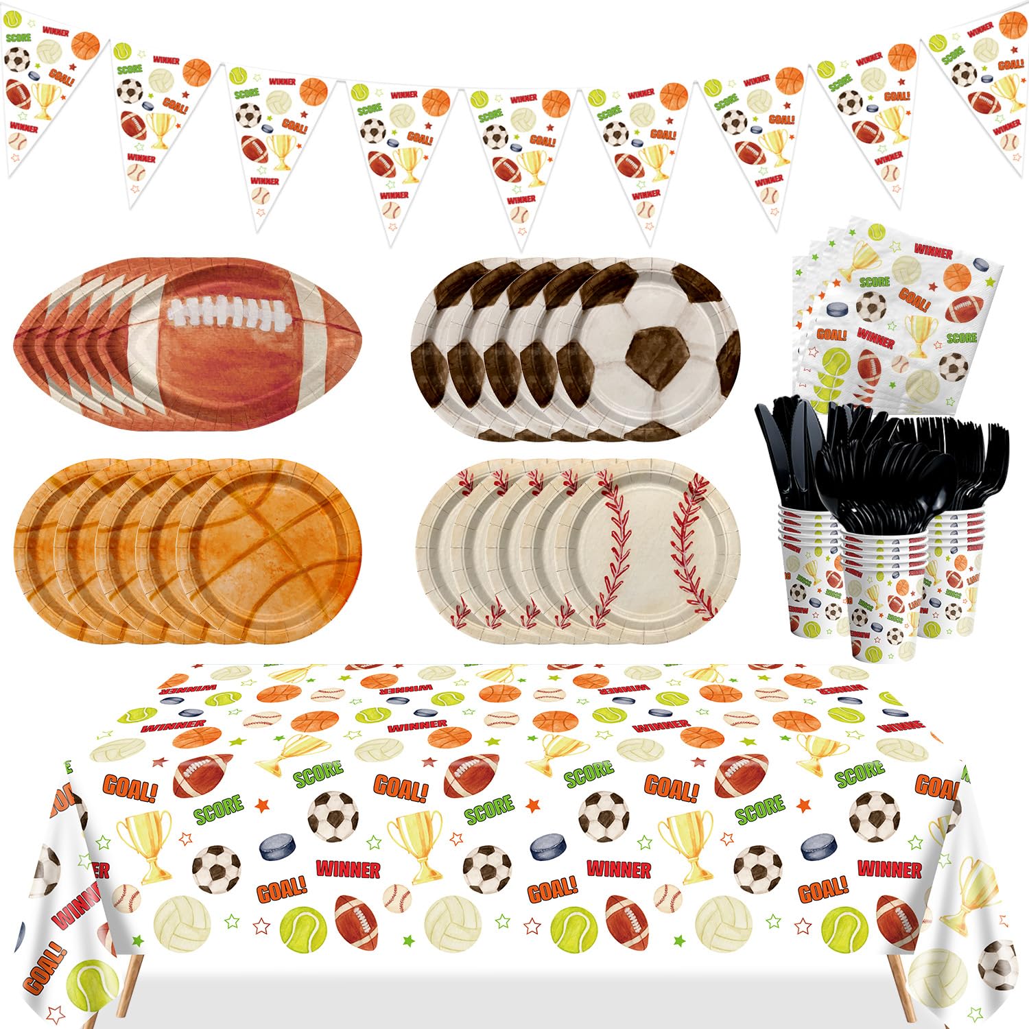 Decorazioni sportive per feste di compleanno – Piatti a tema sportivo, tovaglioli, tazze, striscioni, tovaglie, kit da tavola per basket, calcio, baseball, calcio, serve 20 ospiti per festa di