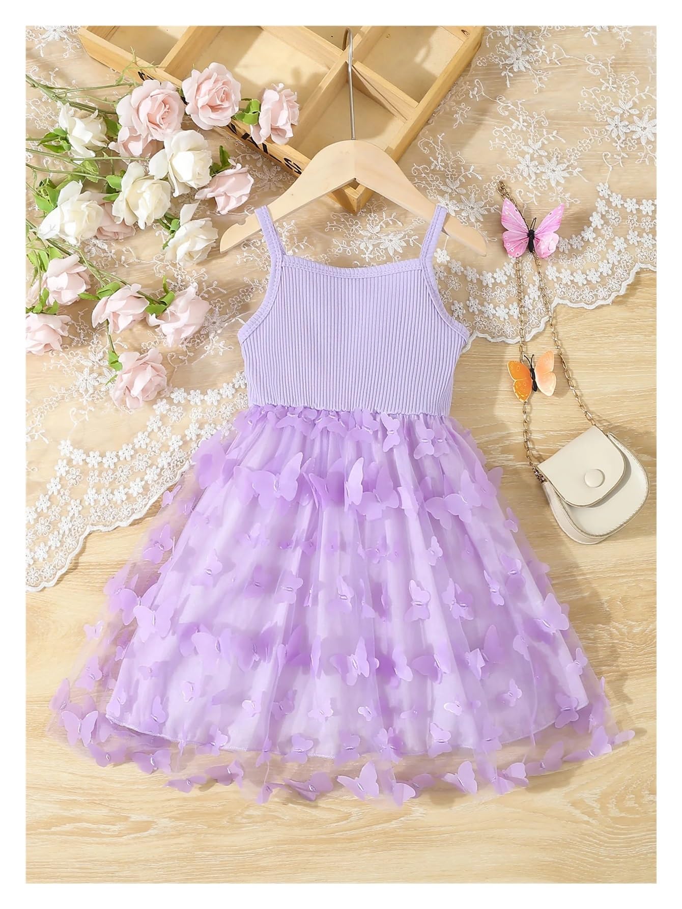 Vestido De Fiesta para NiñA Ropa de Verano for niñas, Vestido de Princesa Elegante sin Mangas con diseño de Mariposas y Malla empalmada(Purple,100(3-4Y))