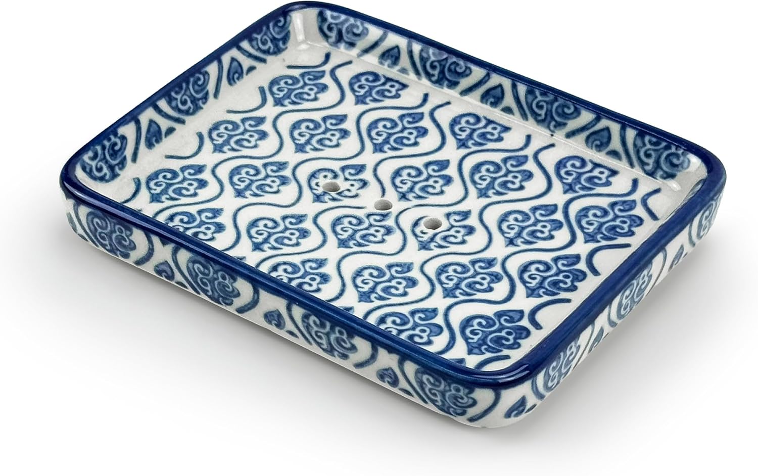 PARUSIA Soap dish with drain, ceramic, porcelain, soap dish without drilling, 4 designs: vines, hearts, flowers, ornaments, for solid soap, core soap, solid shampoo, hair soap (flowers light blue)