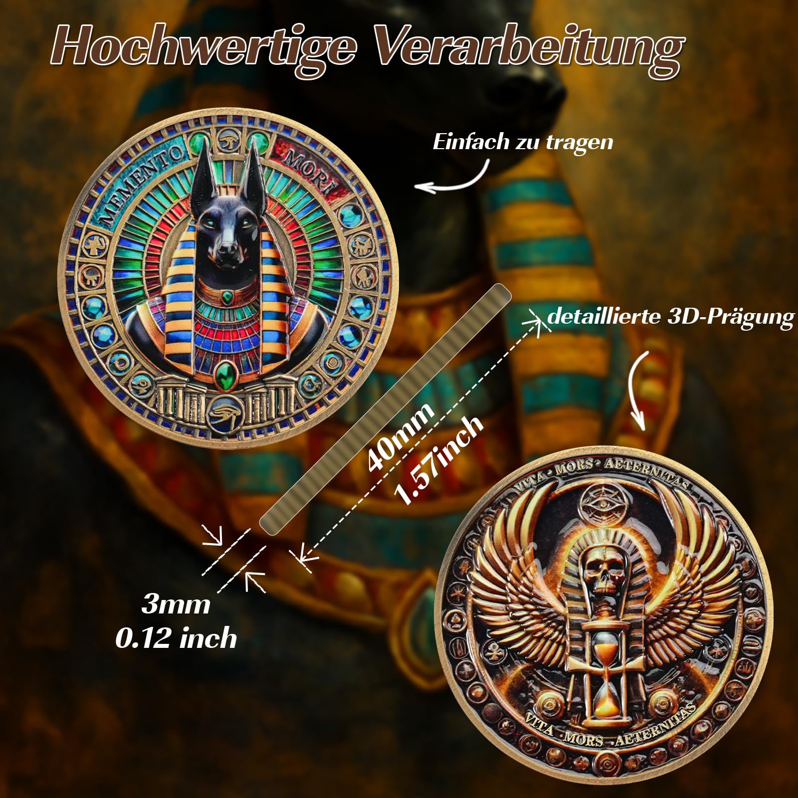 Mento Mori Gedenkmünze, Anubis Ägyptisches Design, "Vita, Mors, Aeternitas", Philosophie-Münze zu Leben, Tod und Ewigkeit
