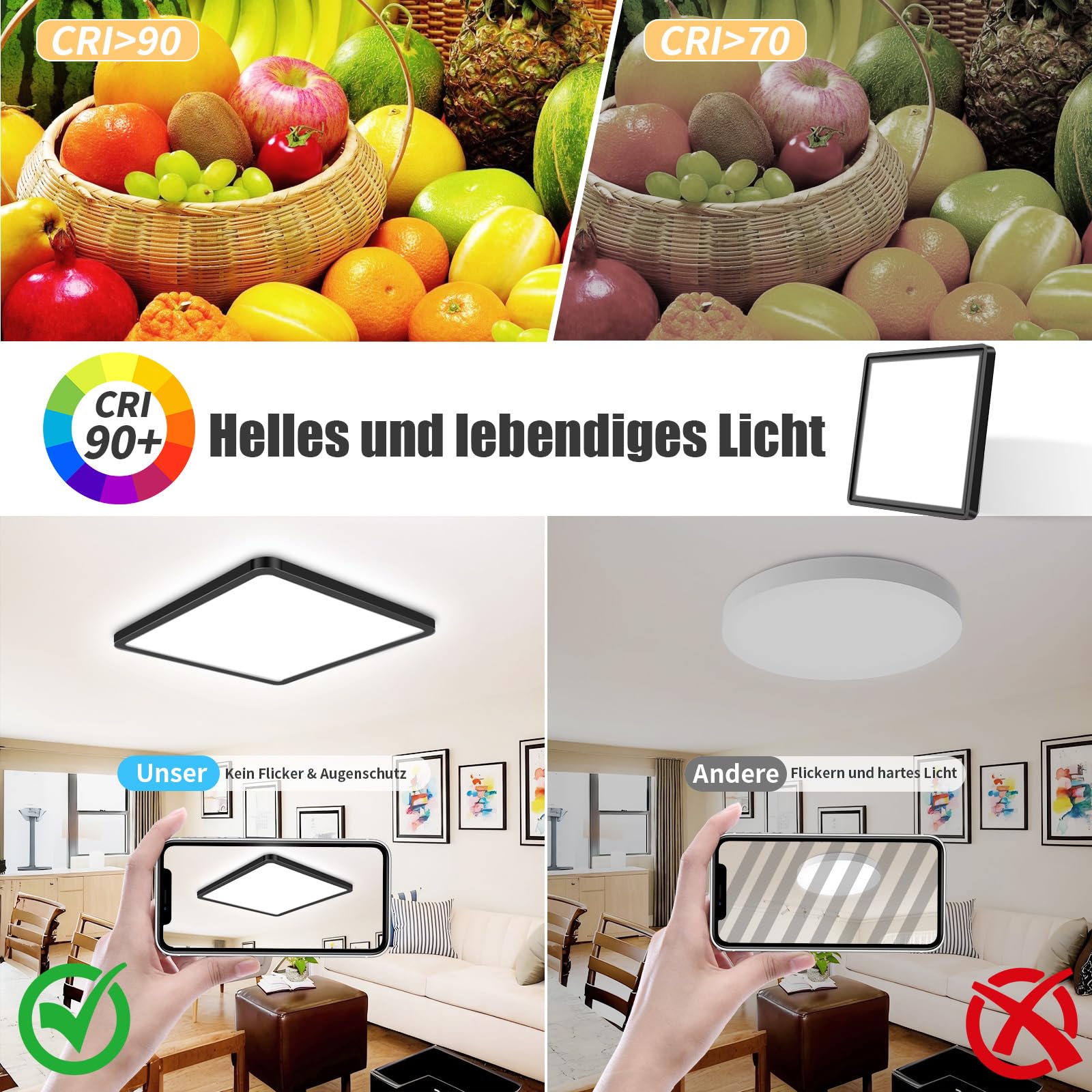 LED Deckenleuchte 32W 6000K/4000K/3000K, 4000LM IP54 Ultra Dünn Deckenlampe, Flach Quadrat Modern Badezimmer Lampe Küchenlampe für Flur Schlafzimmer Balkon Wohnzimmer Ø45CM, Schwarz 1Stücke
