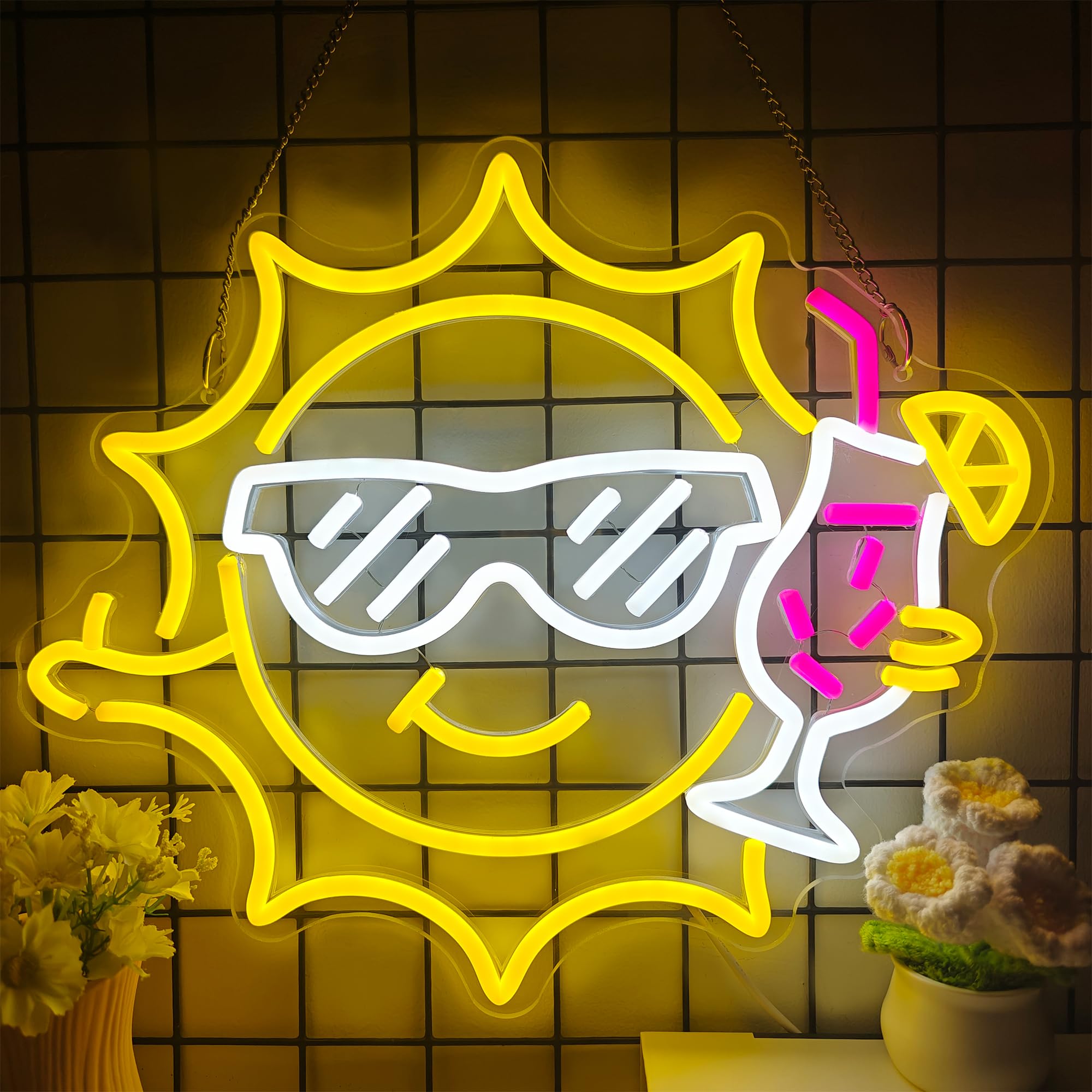 Photo 1 of Bar Neon Sign for Wall Decor, Funny Neon Sign for Beach Bar Pub Sandbeach Beverage Shop, Sun Sunglasses Drinks Led Sign with Dimmer, Summer Decoration USB Powered with Switch