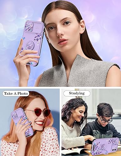 Miniatura 6 de Goocrux Funda 2 en 1 para iPhone 11 con flores florales para mujeres y niñas, diseño de plantas moradas con cubierta deslizante para cámara +