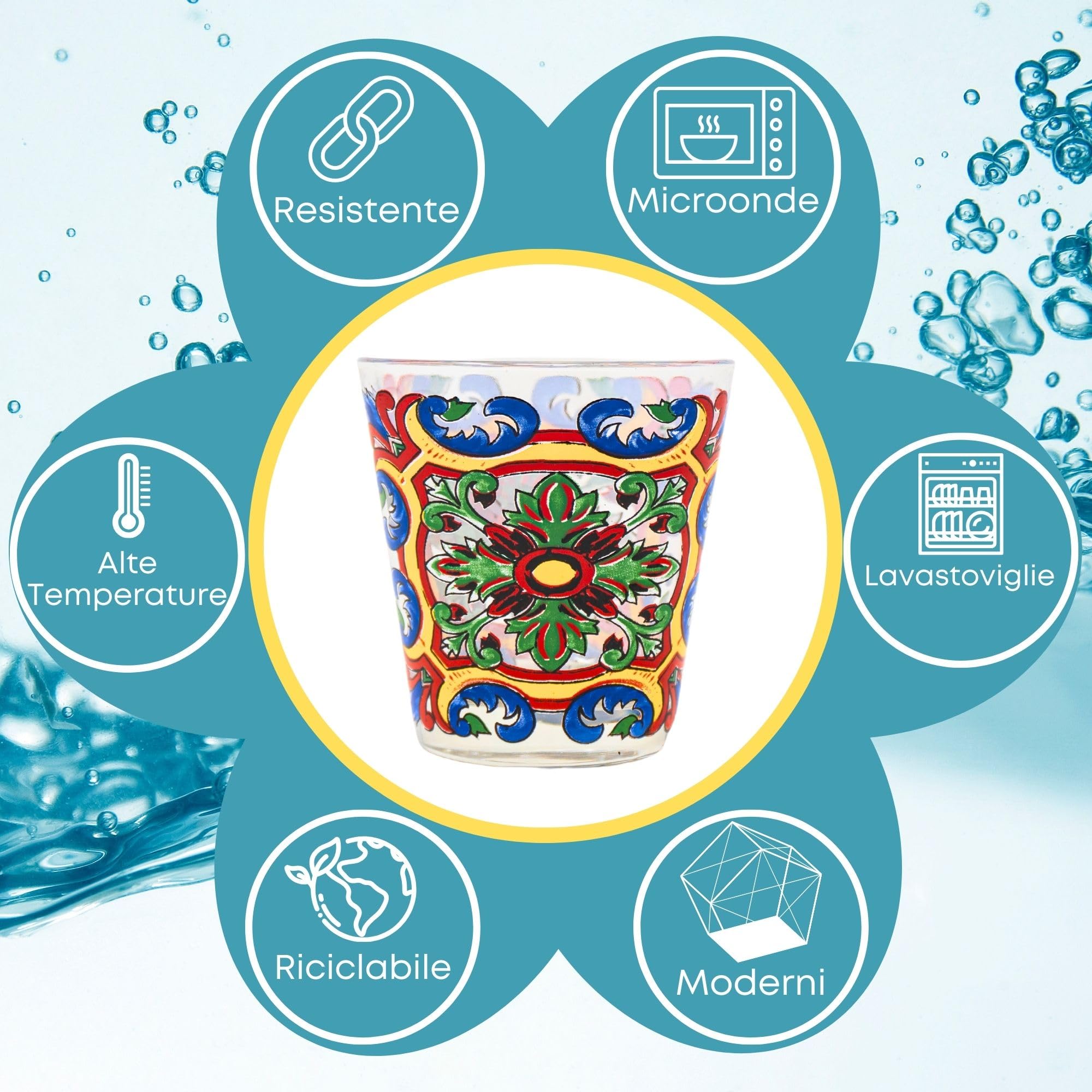 NAMAI - Set 6 Bicchieri Colorati Vetro, 270 ML, Design Unico, Adatti alla Lavastoviglie e Microonde, Vetro Resistente, Colori Vivaci, Idea Regalo, Made In Italy