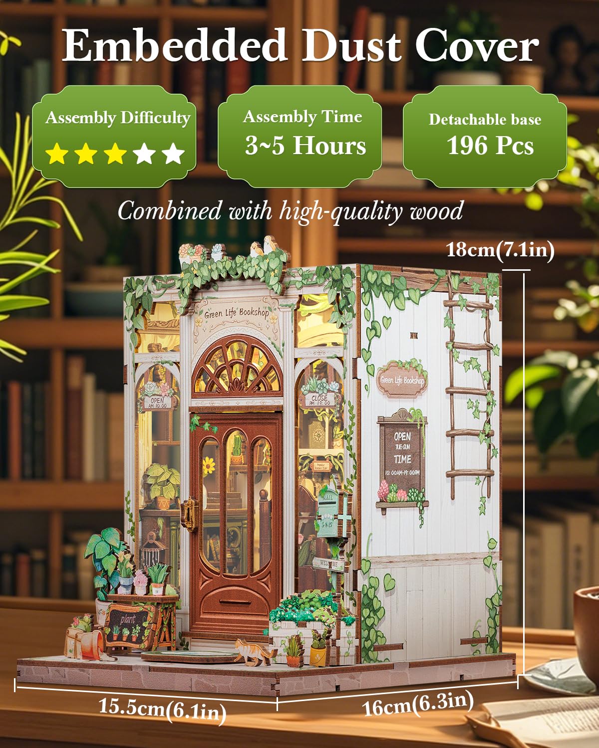 Cutefun Book Nook Kit - Kit Casa delle Bambole in Miniatura diy, Puzzle 3D in Legno per Scaffali con Luci LED Decorativo per Adolescenti e Adulti (Green Life Bookshop)
