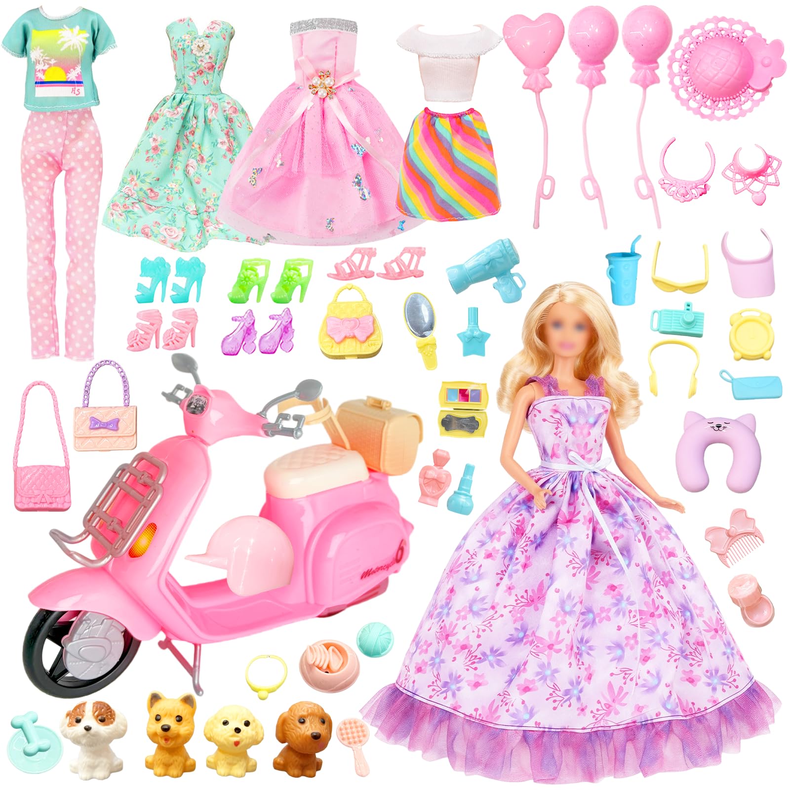 46Pcs Doll Clothes and Accessories Compatible with Barbie 11.5 Inch Girl Dolls, Motorcycle Scooter Doll Clothes Include 3 Dresses 2 Tops 1 Skirt 1 Trousers 1 Motorbike 5 Shoes 34 Accessories (NO Doll)