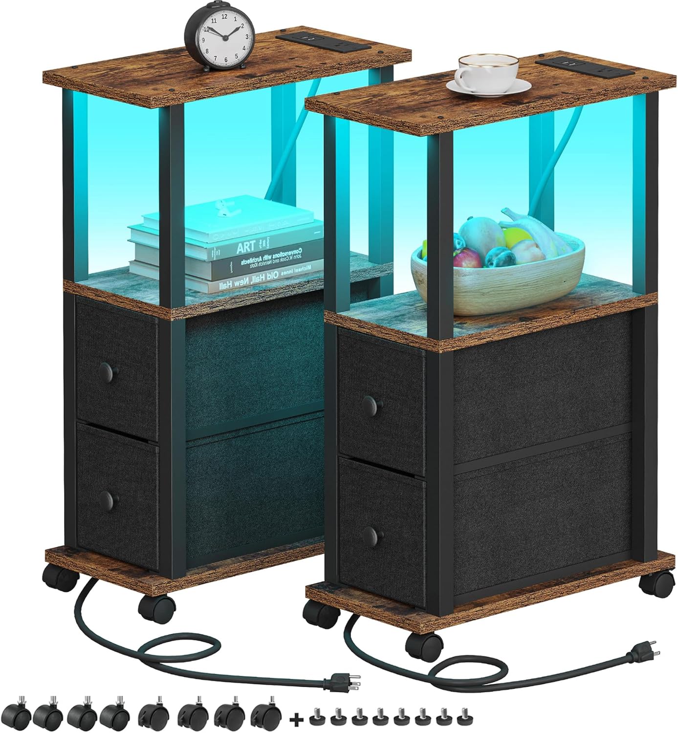 TUTOTAK Small Narrow End Tables, LED Side Tables with 2 Fabric Drawers, Set of 2, Bedside Tables with Charging Station for Small Spaces, Slim Nightstands with USB Ports and Wheels, TB01BB053L