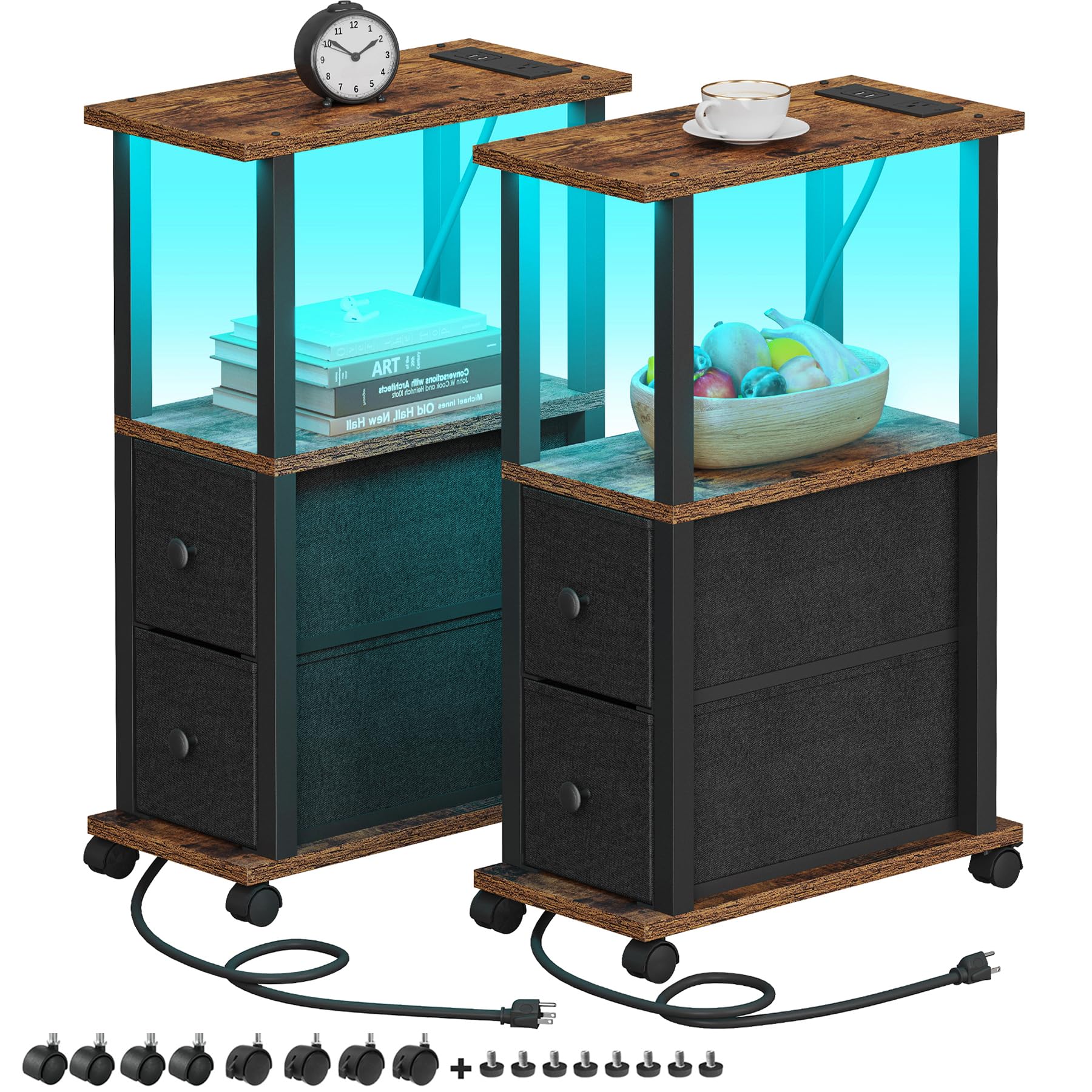 Lot de 2 petites tables d'appoint étroites TUTOTAK à 2 tiroirs en tissu et éclairage LED moderne