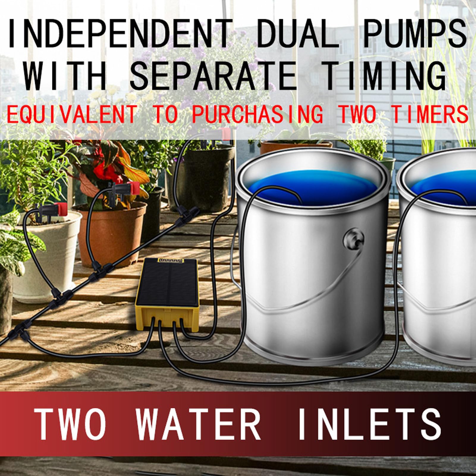 Kit di irrigazione a doppia pompa a doppia pompa ad energia solare, sistemas di irrigazione automatica del gruppo 2 con schermata di visualizzazione digitale per rilevare la (per 30 piante da vaso)