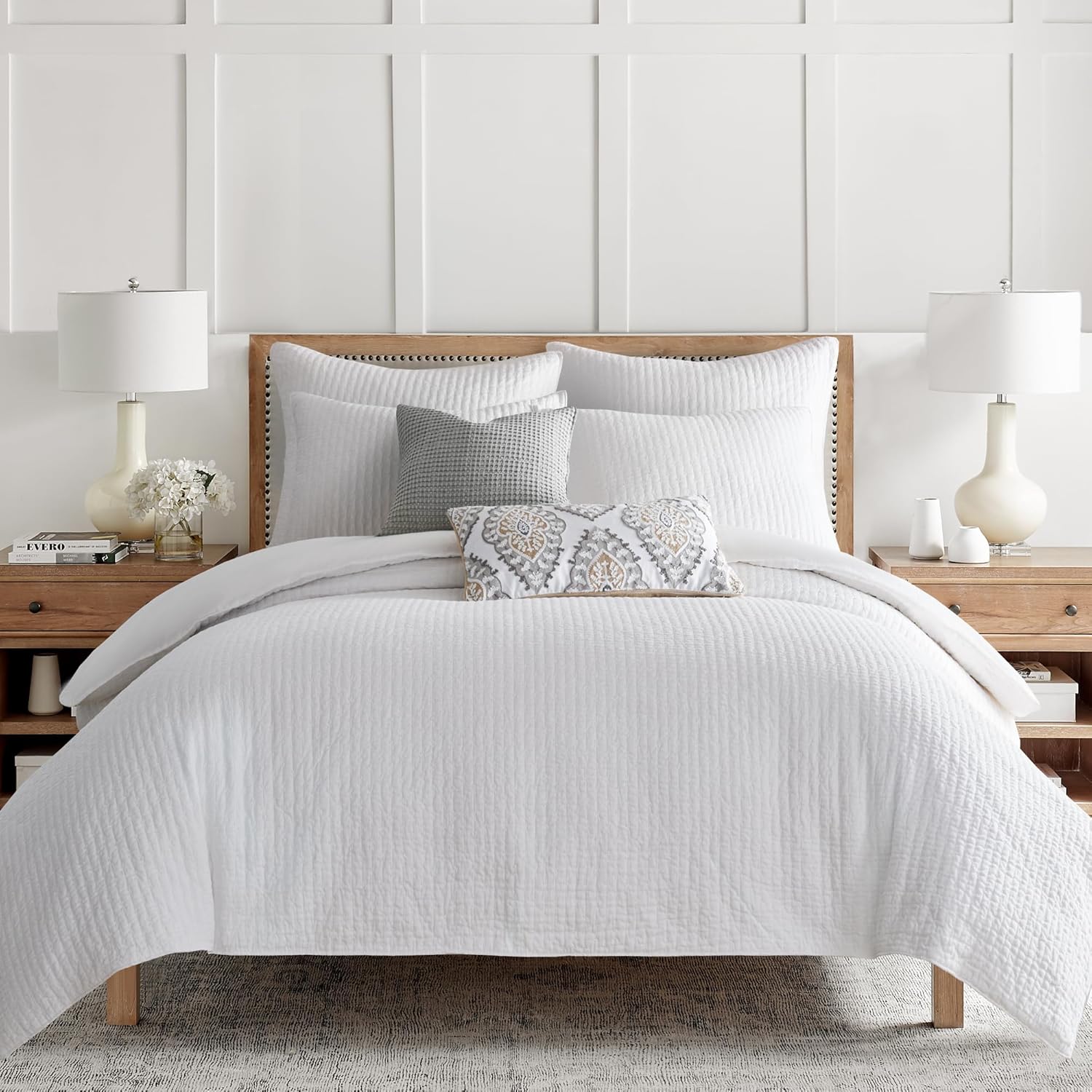 Levtex Home - Cross Stitch Comforter Set - King Comforter + Two King Pillow Cases - Solid Stitch - Bright White - Comforter (106 x 94in.) and Pillow Case (36 x 20in.) - Cotton