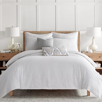 Levtex Home - Cross Stitch Comforter Set - Full/Queen Comforter + Two Standard Pillow Cases - Solid Stitch - Bright White - Comforter 90 x 94in. and Pillow Case 26 x 20in. - Cotton