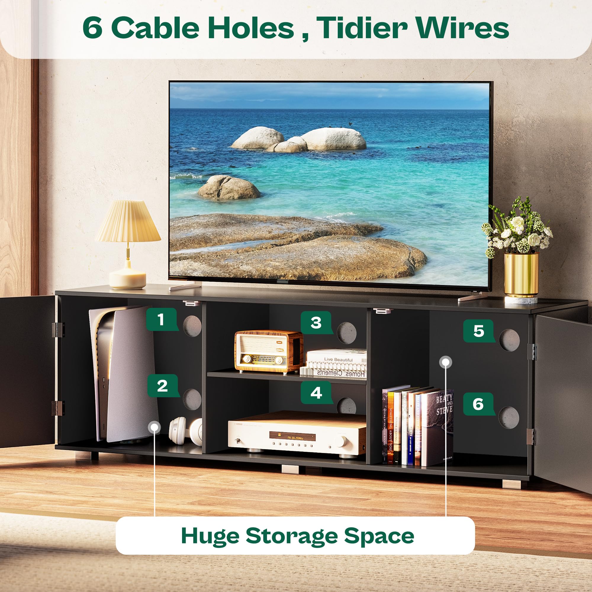 TV Stand for 55 Inch TV, Entertainment Center with Storage, 2 Cabinets, TV Console Media Cabinet with 6 Cable Holes, Black TV Stand for Living Room, Bedroom