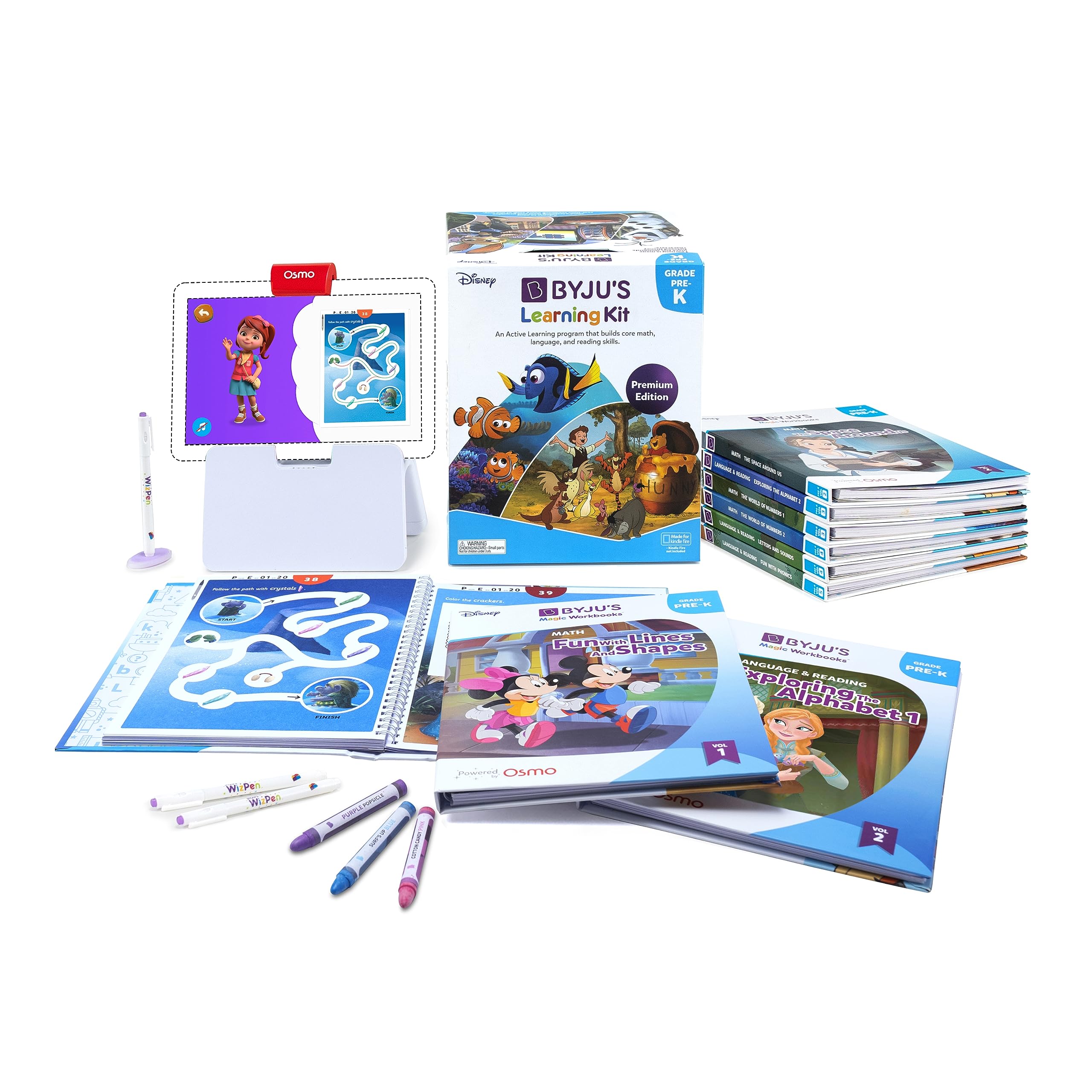 Photo 1 of BYJU’S Learning Kit: Disney, Pre-K Premium Edition (App + 9 Workbooks) - Preschool, Ages 3-5, Featuring Disney & Pixar Characters- Learn Numbers, Letters, Shapes & Colors- Osmo Fire base included Fire Tablet Pre-K