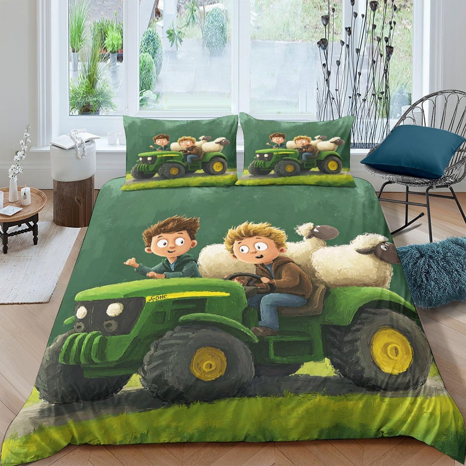 TUFRTGYHN 3D Printed Cartoon Tractor Duvet Cover Microfiber Soft Breathable Sheep Farm Bedding Set with 2 Pillowcases for Bedroom Home Decor Single（135x200cm）