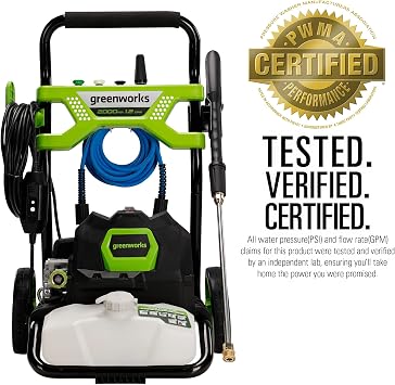 Greenworks 2000 PSI (1.2 GPM) Electric Pressure Washer (25, 40, Soap, and Turbo Nozzle) For Use On Decks, Fences, Concrete Patios, Sidewalks & More. Medium-Duty