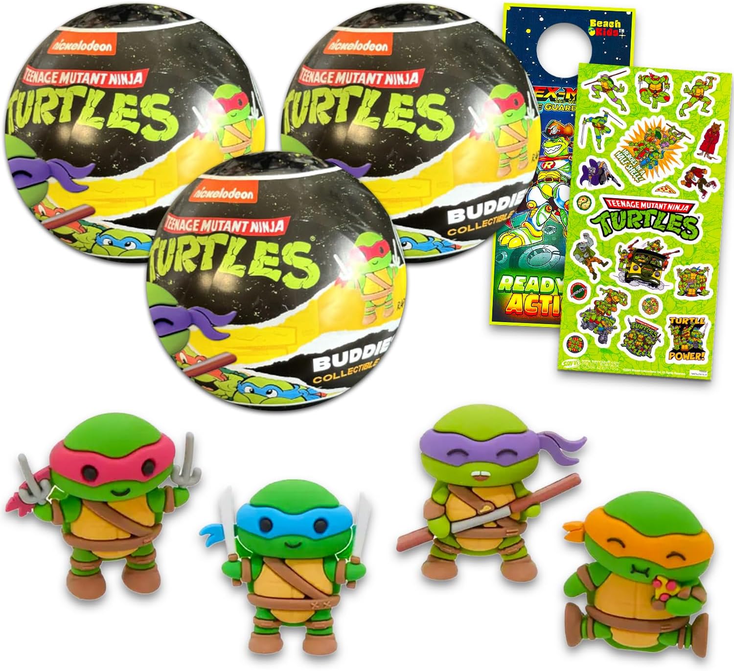 TMNT Blind Bag Party Favors - Bundle with 3 Teenage Mutant Ninja Turtles Mini Figures Mystery Toys Plus Stickers, More | TMNT Mini Figurines for Kids, Boys, Girls