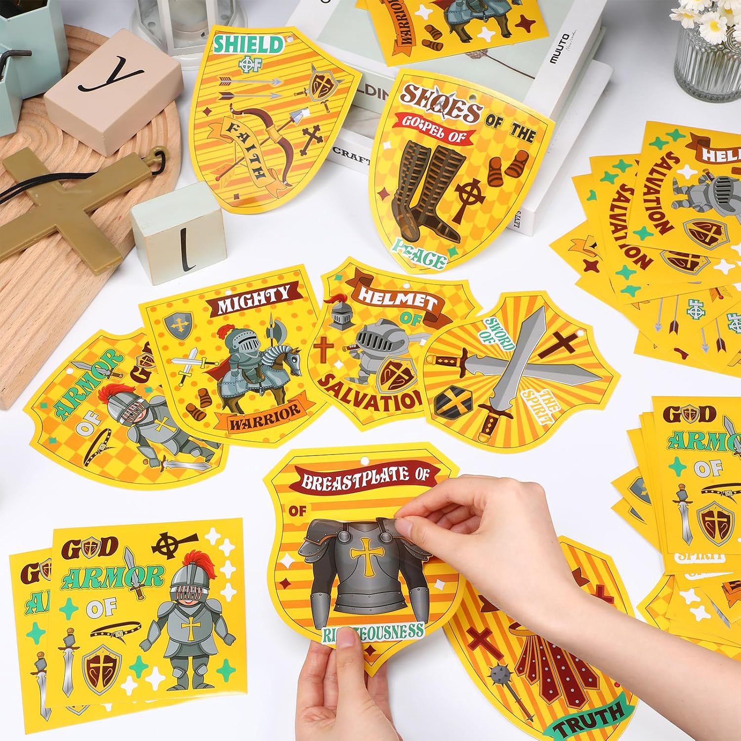 Blosssound 32 Sets Religious Craft Kits Armor of God Sticker DIY Christian Ornament Make Your Own Bible Craft Projects for Religious Sunday School Classroom Party(Armor of God)