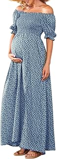 Floral Maternity Dress Square Neck Puff Sleeve Smocked Boho Photoshoot Baby Shower Pregnancy Dresses