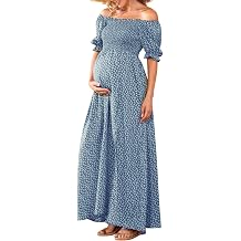 guruixu Floral Maxi Maternity Dress for Photoshoot and Baby Showe | Smocked Bodice, On or Off-Shoulder, Puff Sleeves, A-Line Flowy Sundress, Wedding Guest Vacation Beach Pregnancy Dress