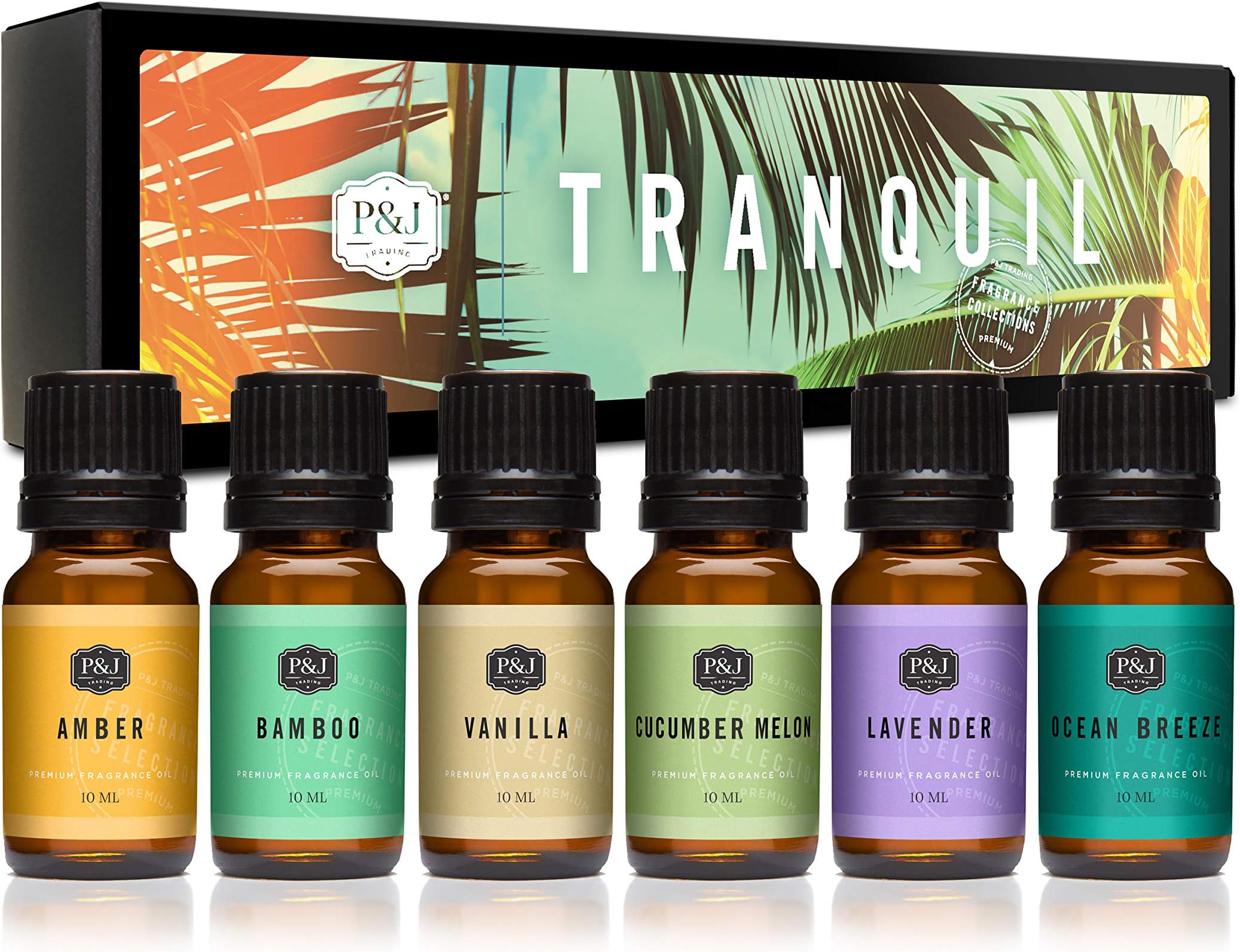 P&J Trading Fragrance Oil Tranquil Set | Vanilla, Cucumber Melon, Lavender, Amber, Bamboo, and Ocean Breeze Candle Scents for Candle Making, Freshie Scents, Soap Making Supplies, Diffuser Oil Scents