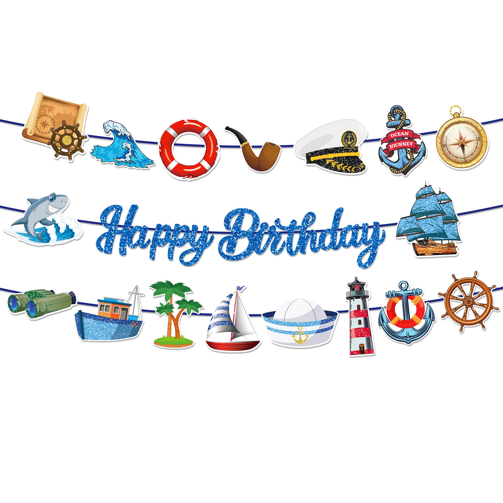 CC HOME 3Pcs Sailing Navigation Happy Birthday Banner Pirate Navy Party Hanging Banner Career Theme Birthday Bridal Wedding Baby Shower Boys Girls Kids Home Classroom Party Supplies Decorations