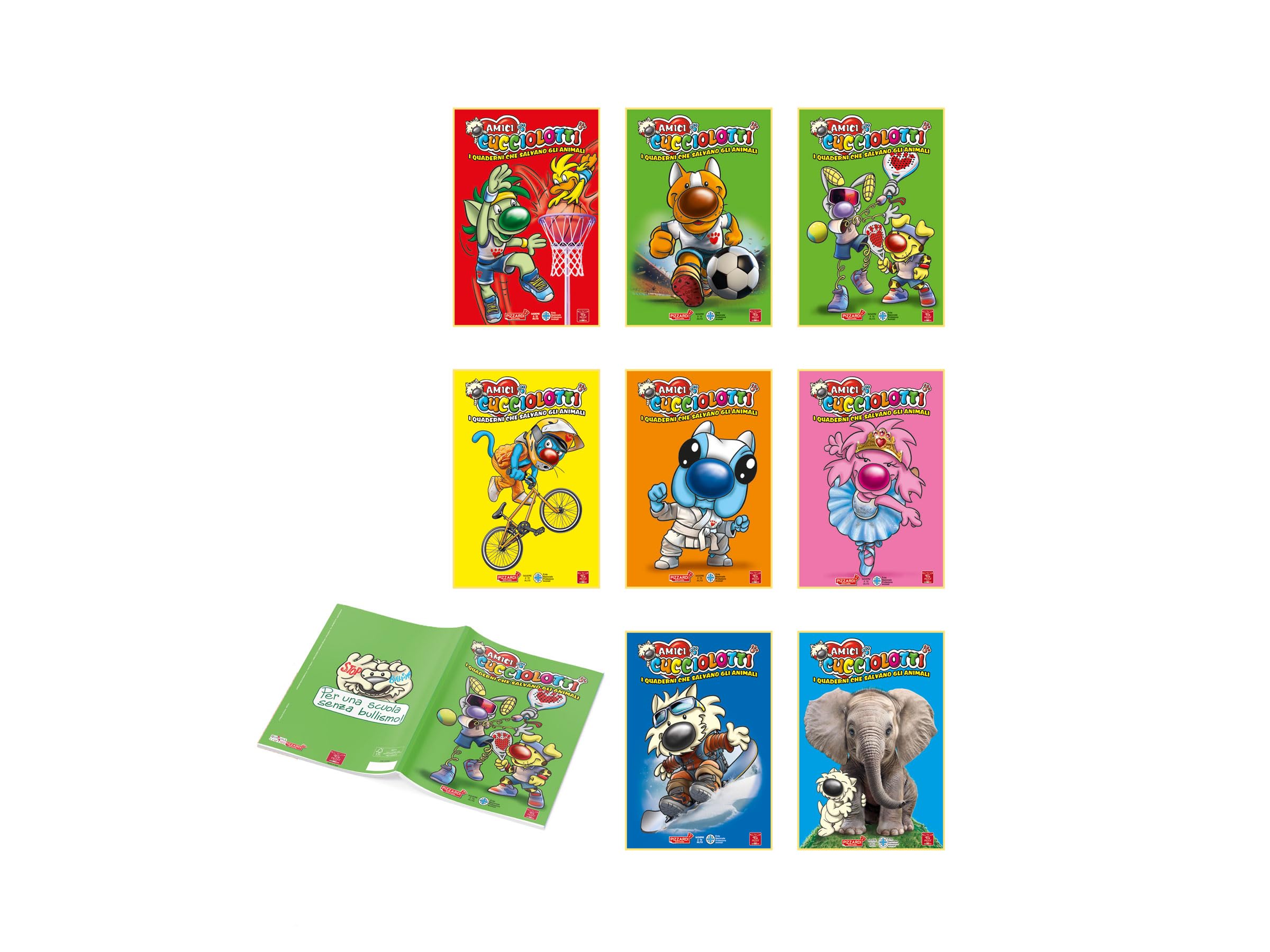Pigna, Pack of 10 Maxi Notebooks with Puppies, 21 x 29.7 cm, 80 Pages + Flap - Large Squares for Elementary, Medium and Upper
