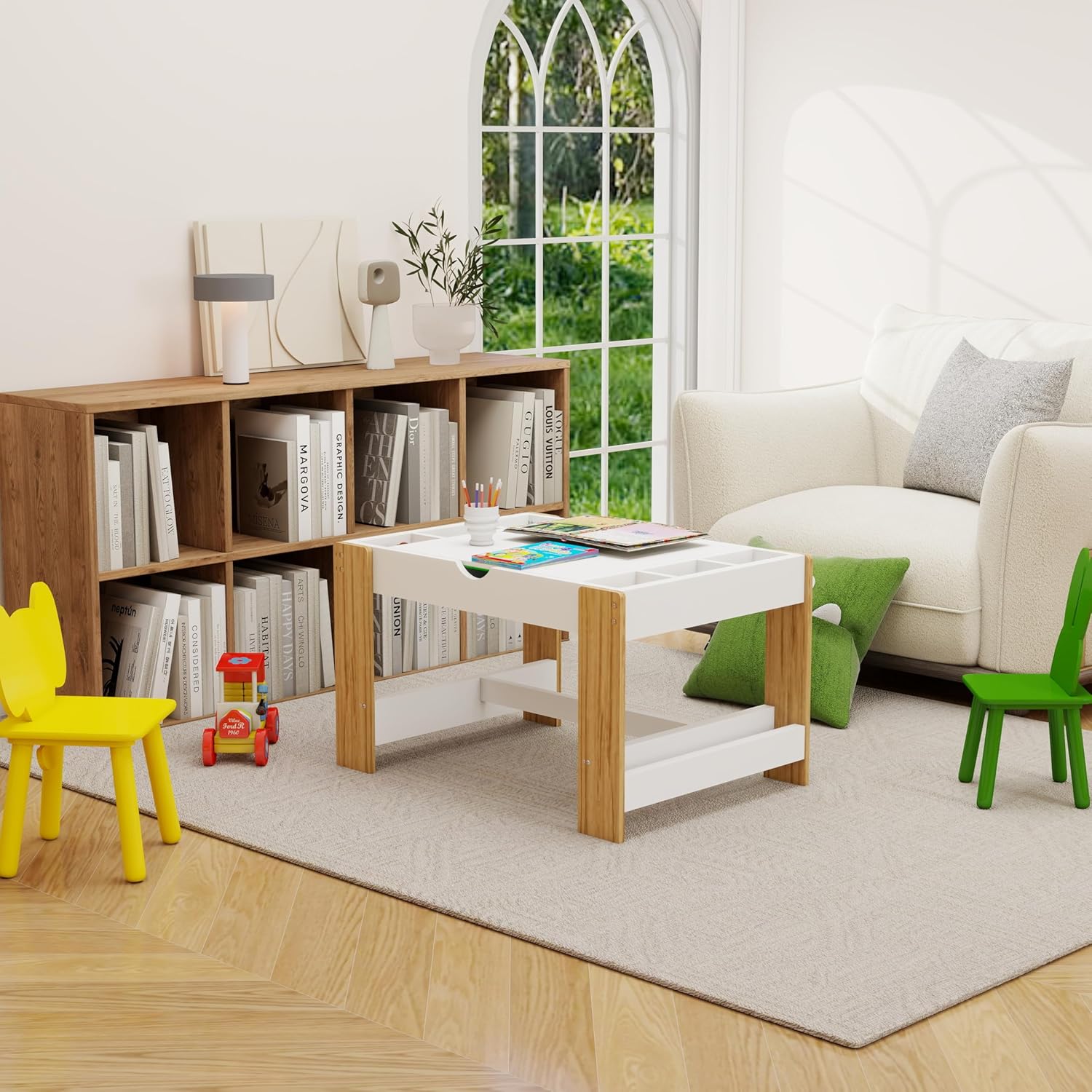 LIFE SKY Kids 2 in 1 Play Table with Storage: Modern Activity Learning Table with 7 Storage Compartments & Bookshelf - Montessori Educational Furniture for 3-6 Year Olds Home Playroom Organization