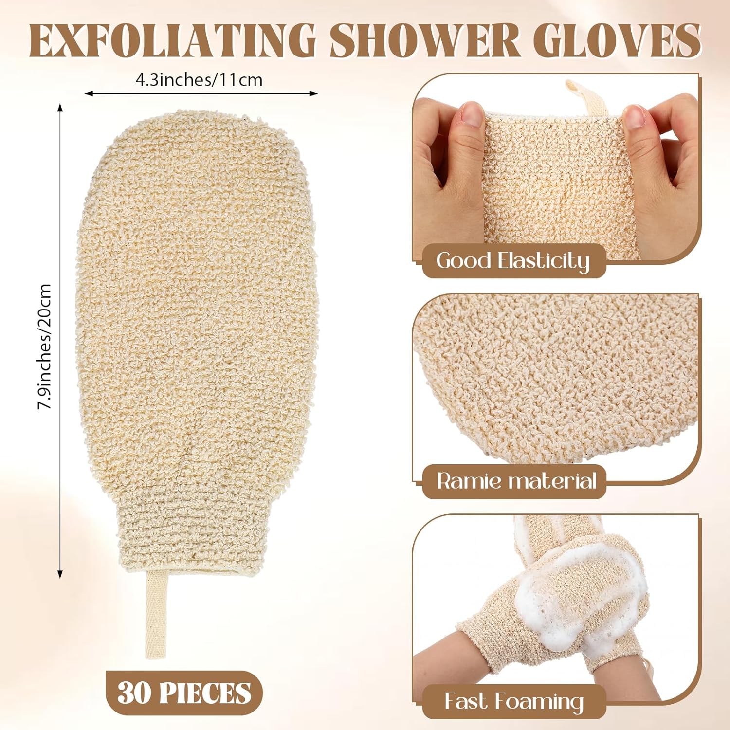 30 Pcs Exfoliating Shower Gloves Stretchable Ramie Bath Mitts with Hanging Loop Body Scrubber Exfoliator Loofah Washcloth Deep Clean Dead Skin for Spa Massage Skin Shower Hotel Use (Beige)