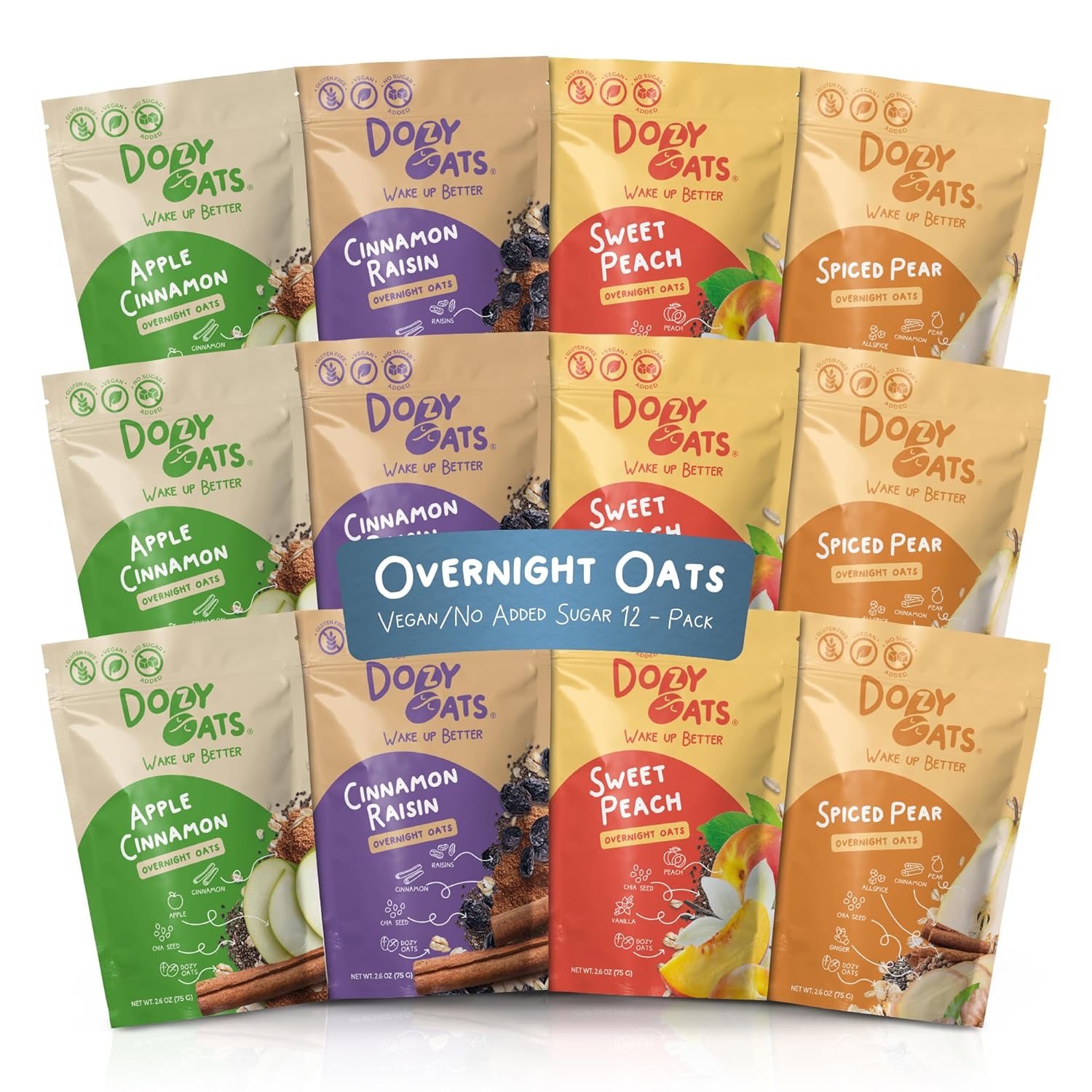 Dozy Oats Avena Overnight, Sin Azúcar Añadida, Vegano, 12 Paquetes