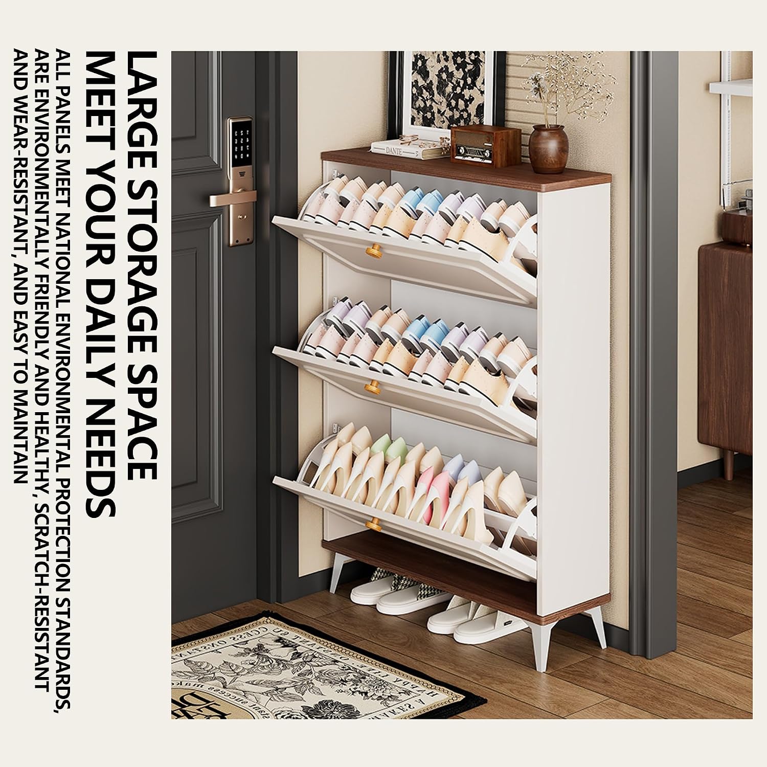 Shoe Storage Cabinet Cabinets Hallway Slim Cupboard Cupboards Hallways Slimline，Sleek Slim Flip-top Shoe Cabinet with 3 Drawers, Large Wooden Entryway, Gold Handles, Open Bottom Design, 39.4