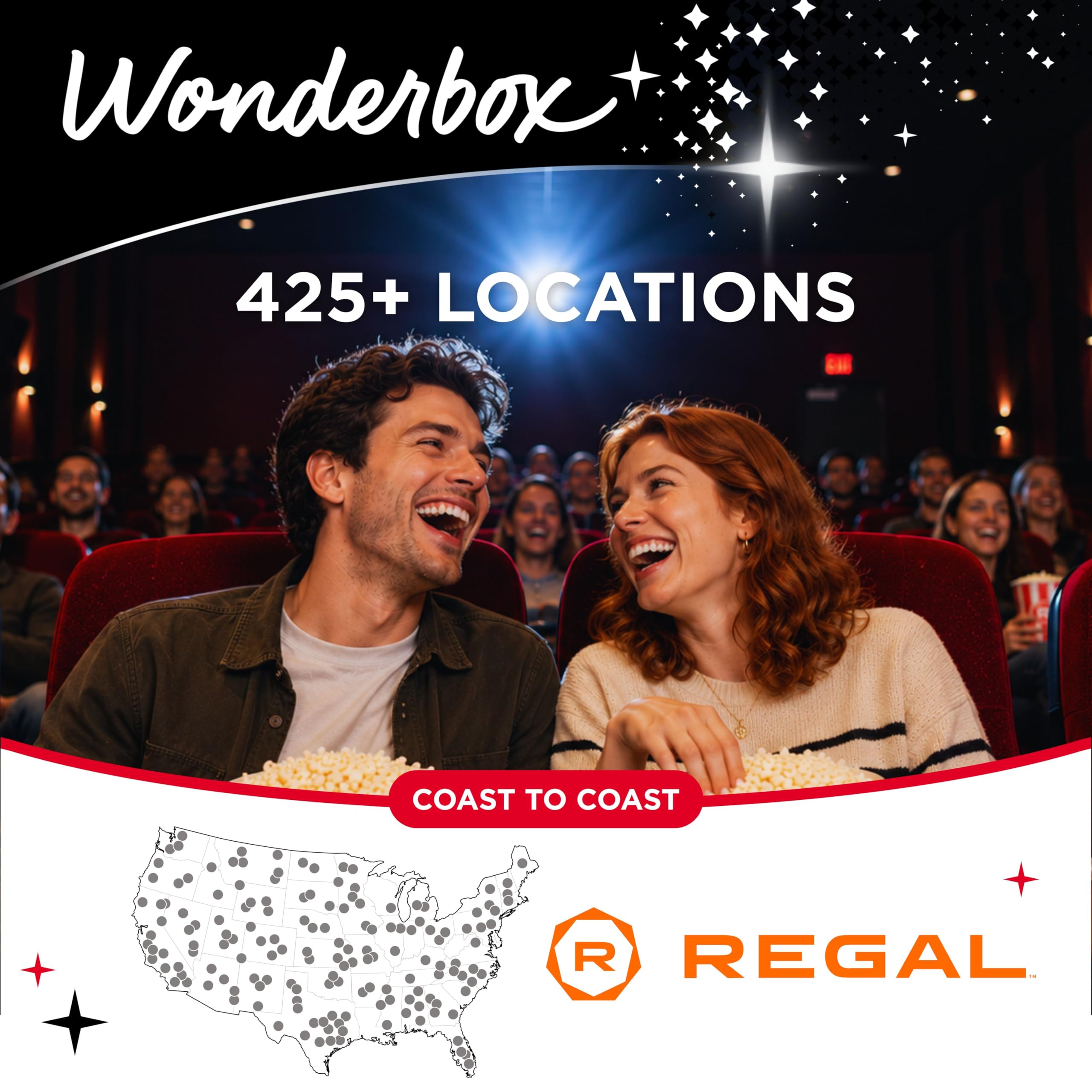 Wonderbox REGAL Movie Bundle - 2 Premiere Movie Tickets + 2 Snackpacks - Originelle Geschenkidee - Erlebnisgeschenk - 425 Standorte in den USA