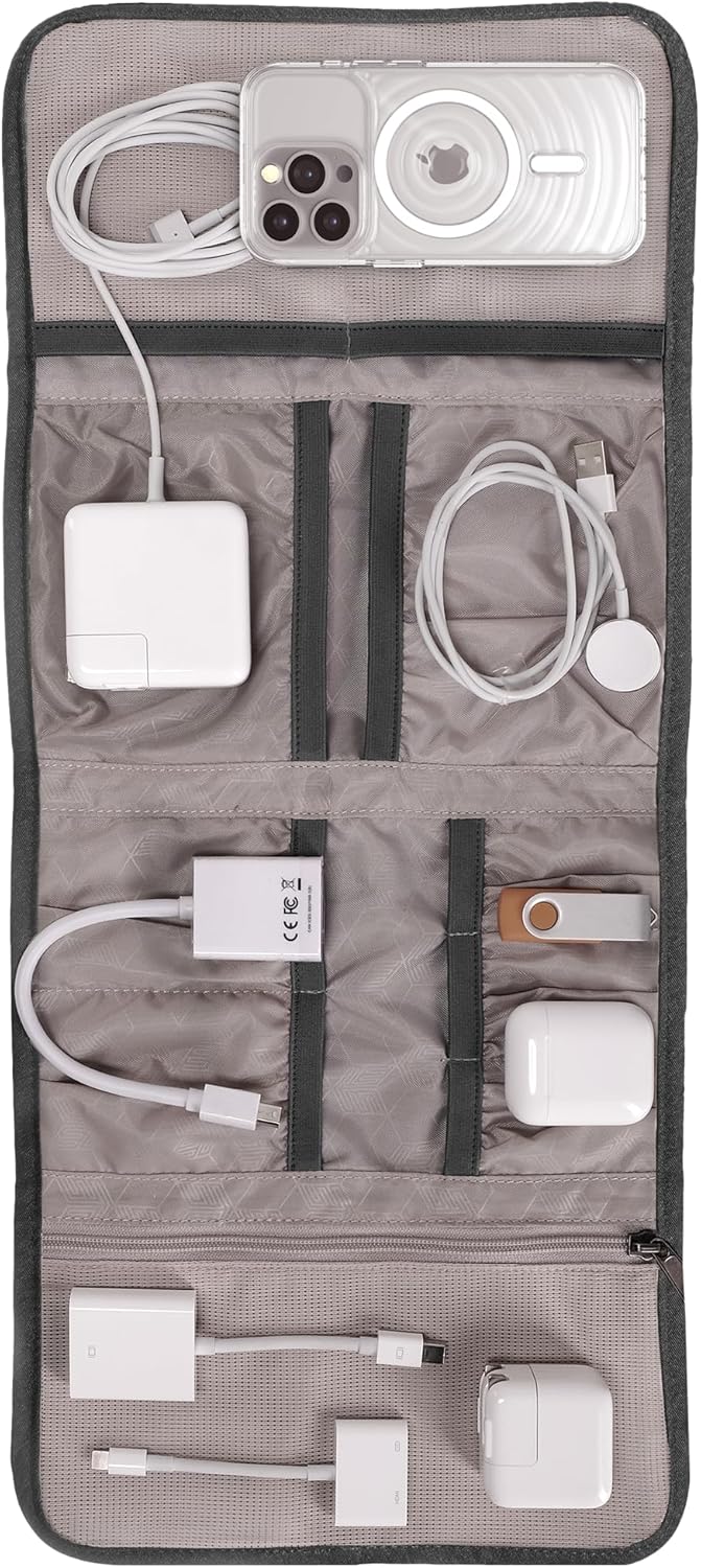 STM Myth Dapper Wrapper Cable Organizer – Compact Travel Pouch with Magnetic Closure, Multiple Pockets & Water-Repellent Fabric – Sleek Magnet Black Tech Accessory Case