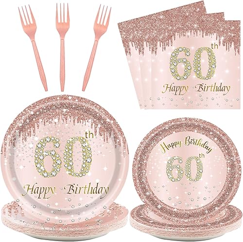 24 juegos de decoración de fiesta de 60 cumpleaños en oro rosa para mujeres, 60 platos de cumpleaños y servilletas, tenedores, suministros de fiesta