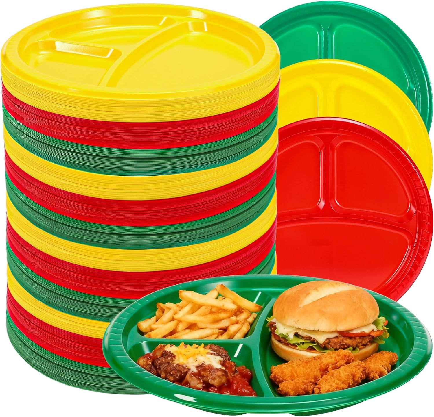 FYSUIMU 90Pcs Christmas 3 Compartment Divided Plates 10 Inch Red Green Yellow Plastic Disposable Party Dinner Plates for Xmas Party Holiday Birthday