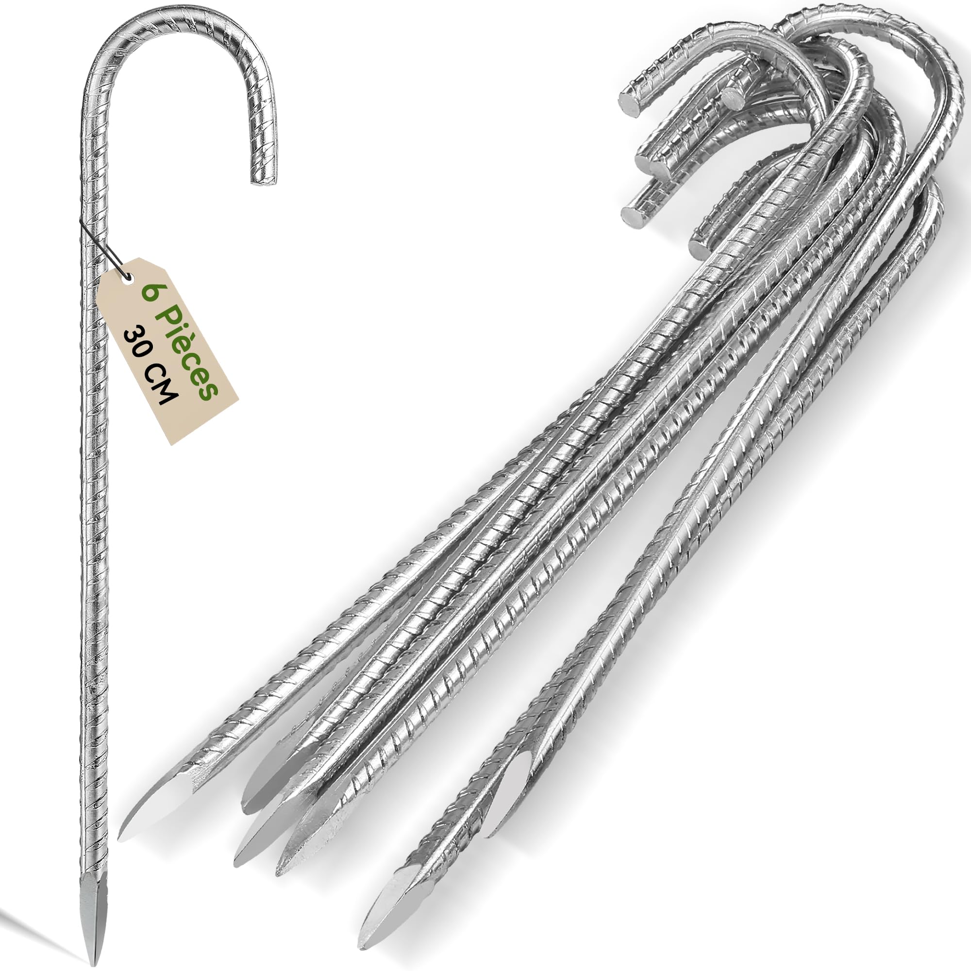 6Pcs 30cm Piquets d'ancrage Résistants en Acier Galvanisé Antirouille avec Crochets en J pour Tentes de Trampoline - Convient pour Camp, Jardin, Abri et Balançoires