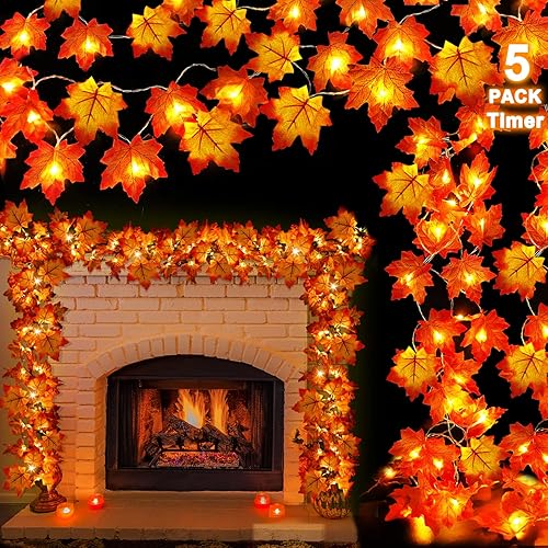Temporizador – Paquete de 5 guirnaldas de luces de otoño para decoración de otoño, total de 100 LED de 50 pies, guirnalda de hojas de arce ampliada,