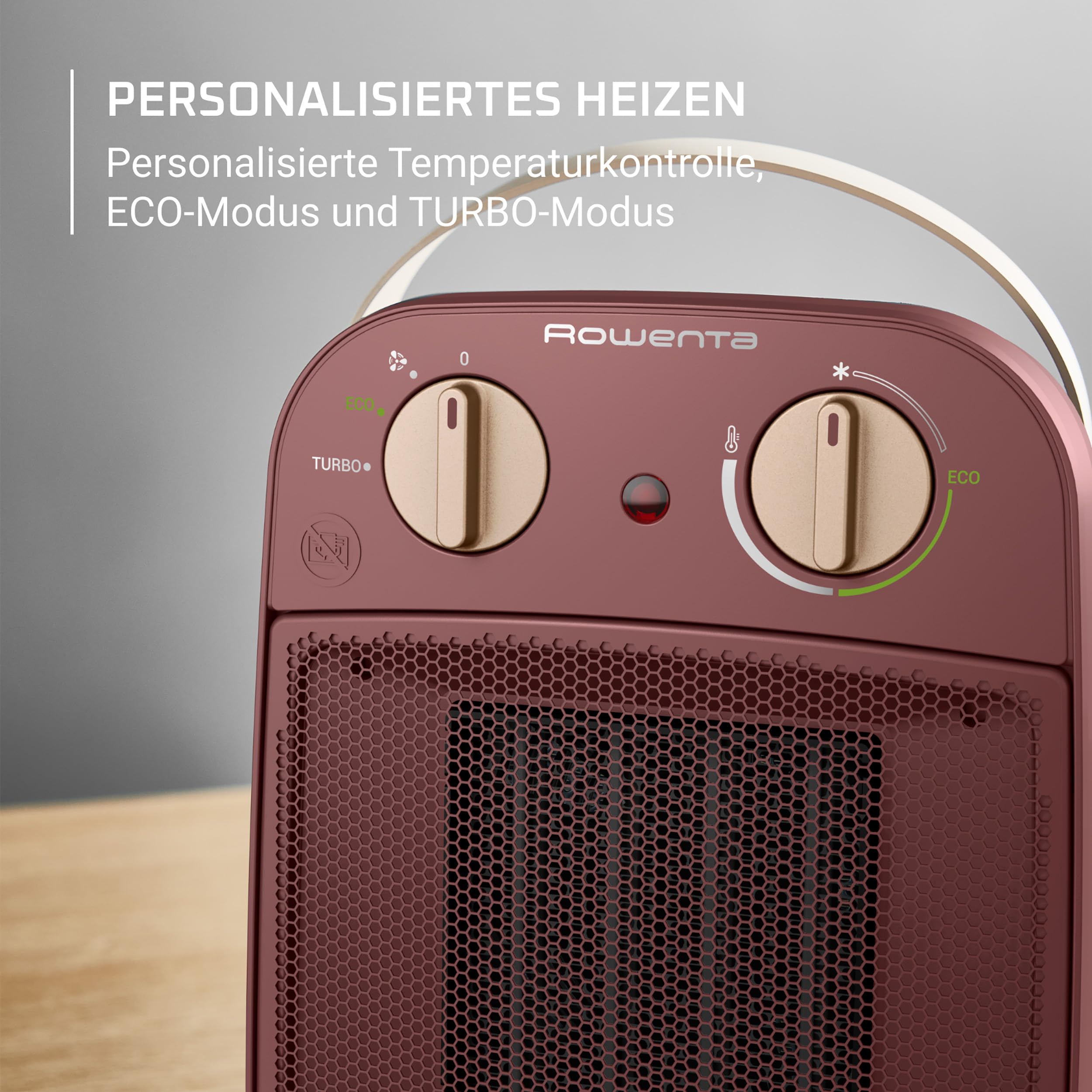 Rowenta Heizlüfter mit Tragegriff mobil für 25m², leise 42dB, Keramik heizt sofort auf, Eco-Modus spart 50% Strom, Turbo schnell warm, tragbar für Bad Büro Schlafzimmer Camping, Heizgerät kompakt, Rot