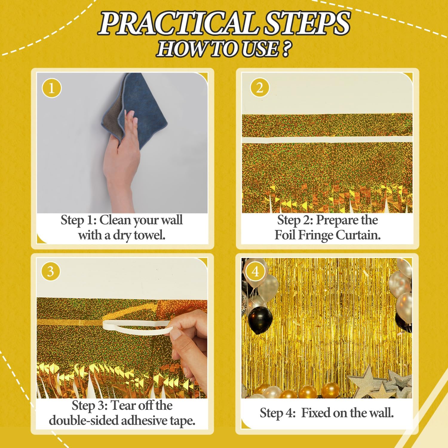 DECOCKRAT 3 Pack Foil Fringe Backdrop - Laser Gold Shiny Tinsel Curtains for Party Decoration/Photo Booth Props - 3.3x8.2 FT Metallic Foil Backdrop for Birthday, Wedding, Graduation, Christmas.