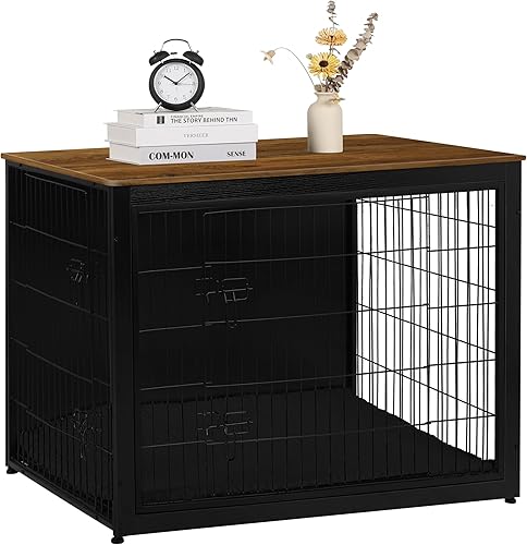 Vista 305 de DWANTON Mueble de jaula para perros con cojín, caja de madera para perros con puertas dobles, muebles para perros, perrera de interior, mesa Negro