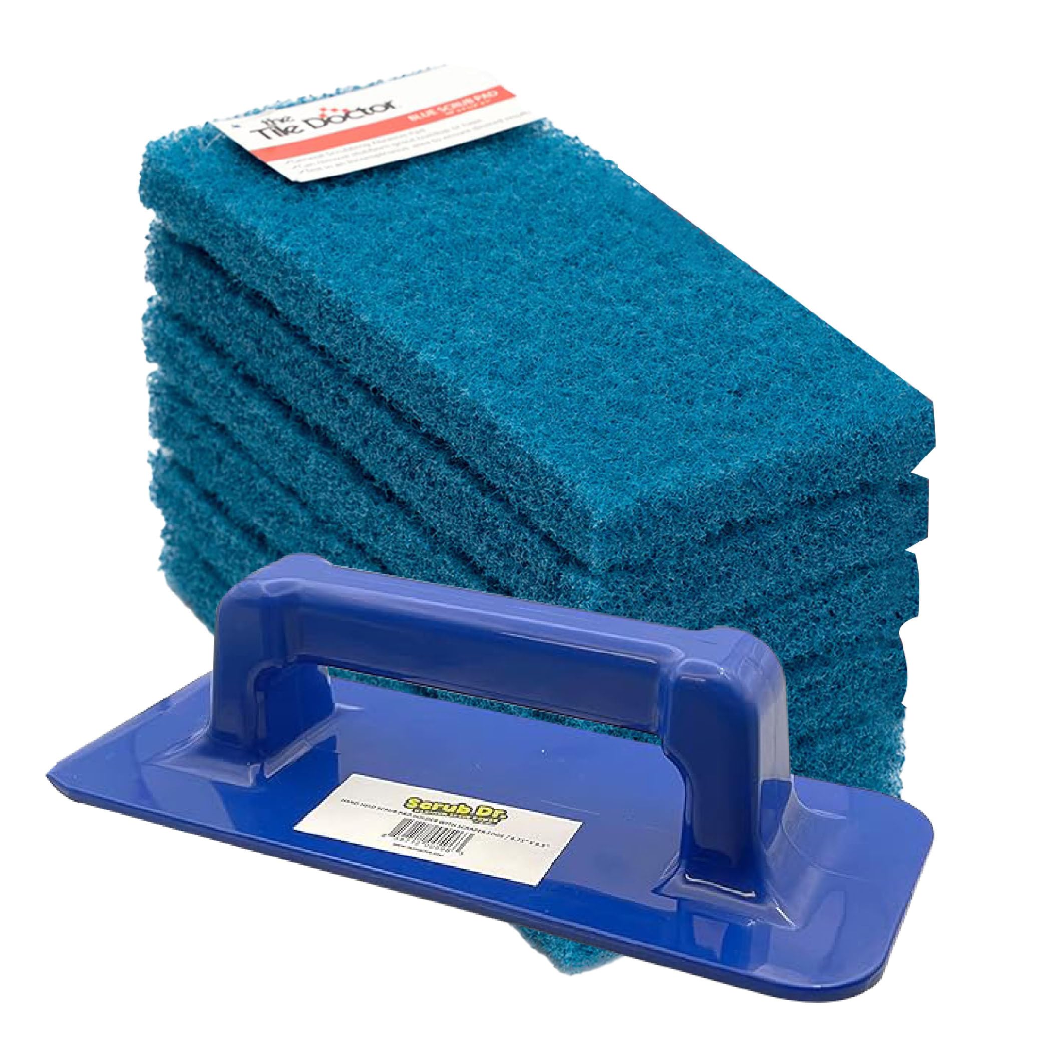 Scrub Doctor 6-Pack of 10 x 4.5 x 1 in. Large Blue Scrub Pads and Scrub Pad Holder Scrub-HLD-L-BLU-6, All-Purpose Kitchen Scrub Pads for Dishes,