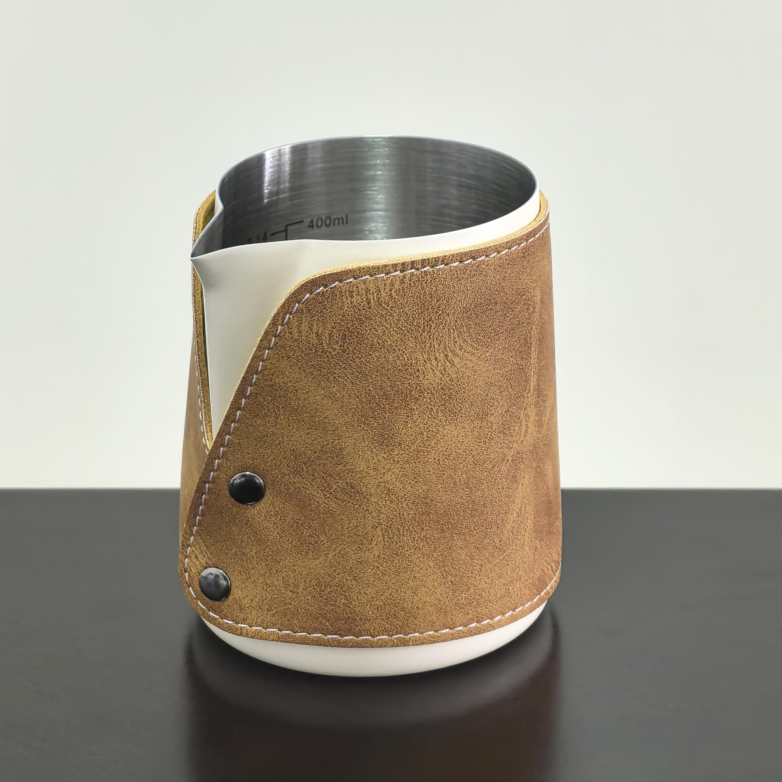 White Handleless Milk Frothing Pitcher 450ml(15.2oz), 304 Stainless Steel Steaming Cups with Pure Genuine Cowhide Cover, Espresso Machine Accessories for Coffee Bar, Latte Art Barista Tools