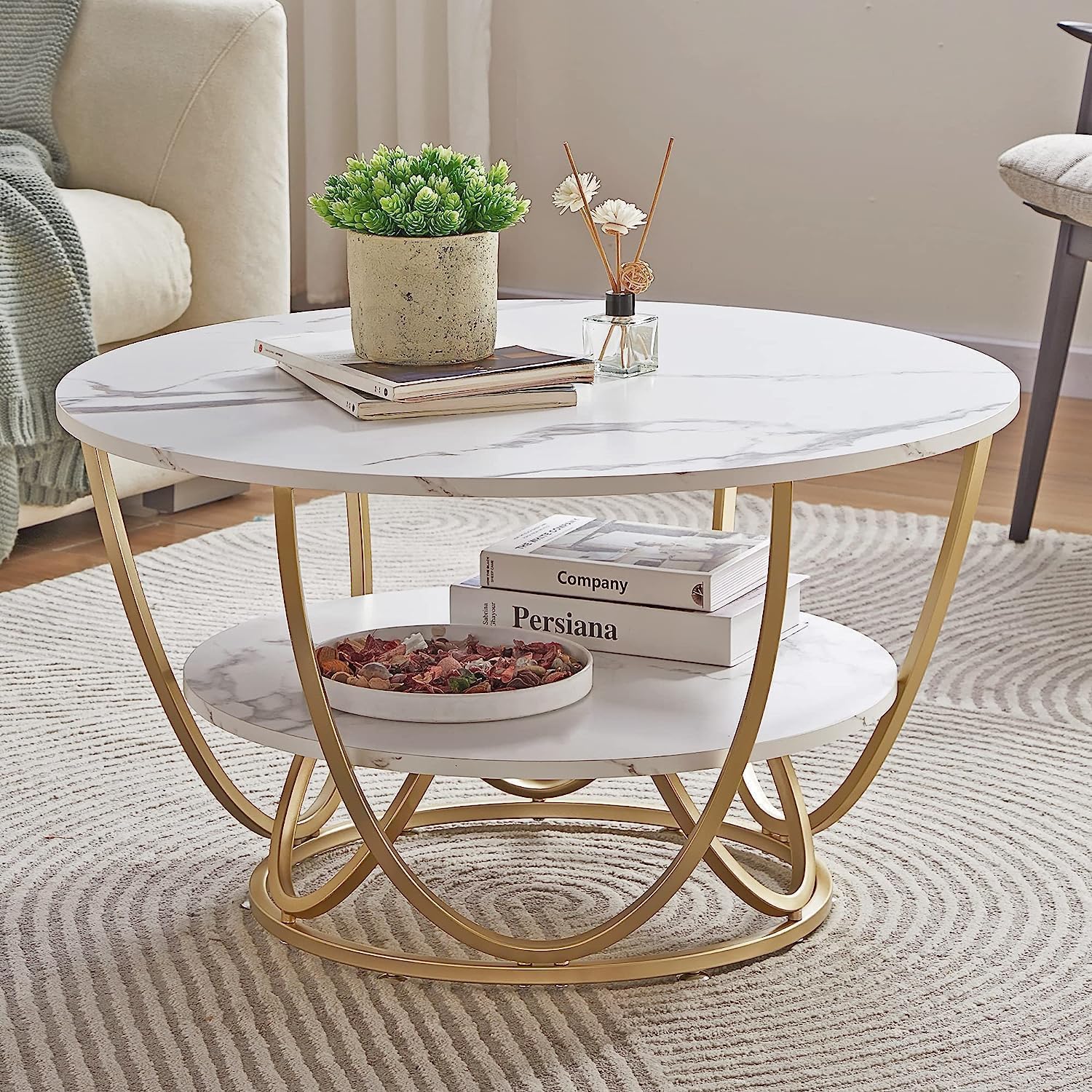 Shoppee Faux Marble Round Coffee Table 2 Tier with Metal Frame – Modern Living Room Center Table, Sofa Table & Cocktail Tables Home Decor Furniture (White & Gold)-image-21