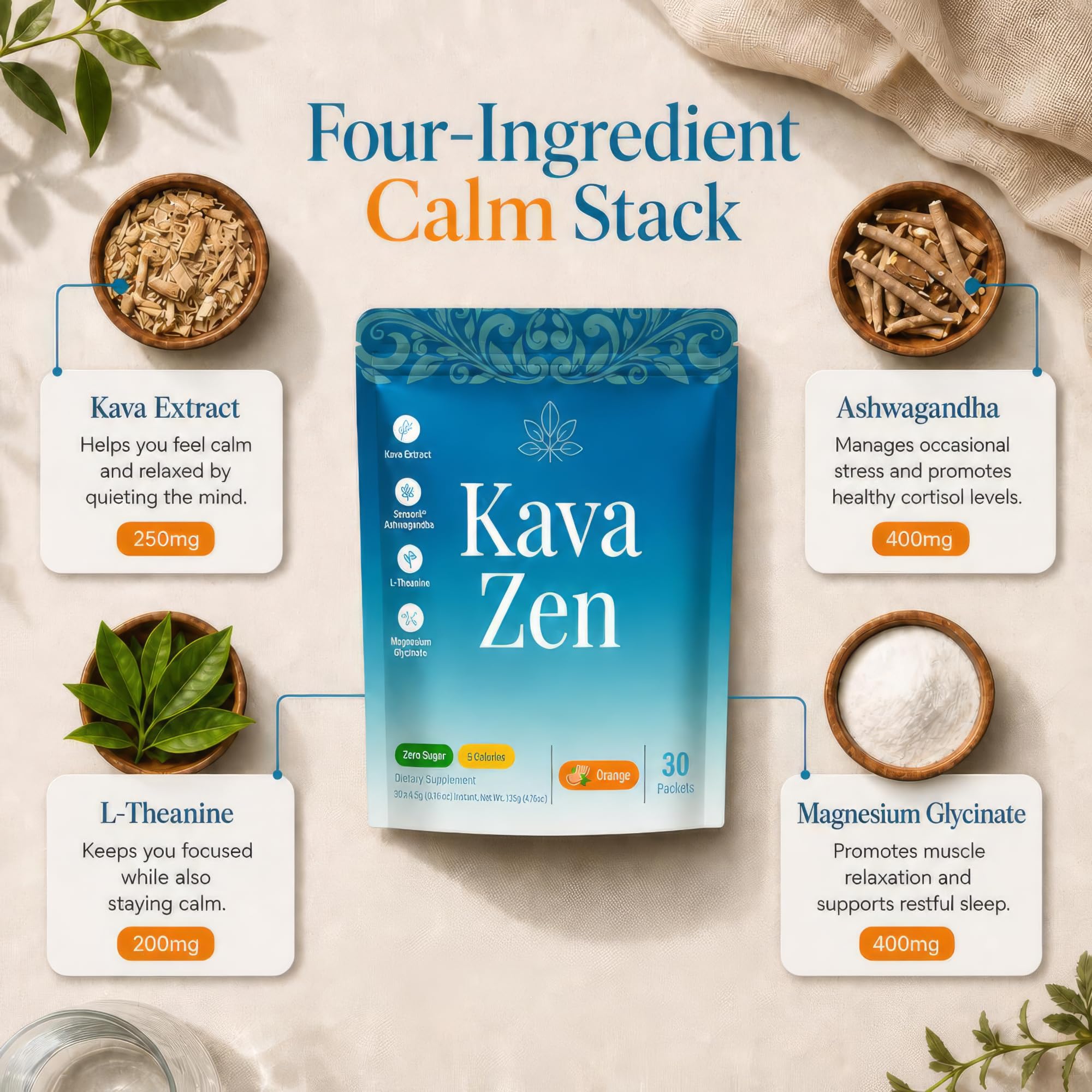 Kava Zen Calming Kava Drink Mix | 250mg Root Extract (70% Kavalactones), L-Theanine, Ashwagandha, Magnesium | Sleep Aid, Cortisol + Stress Support | No Sugar, Non-GMO | 30 Instant Powder Stick Packs — Amazon image 4