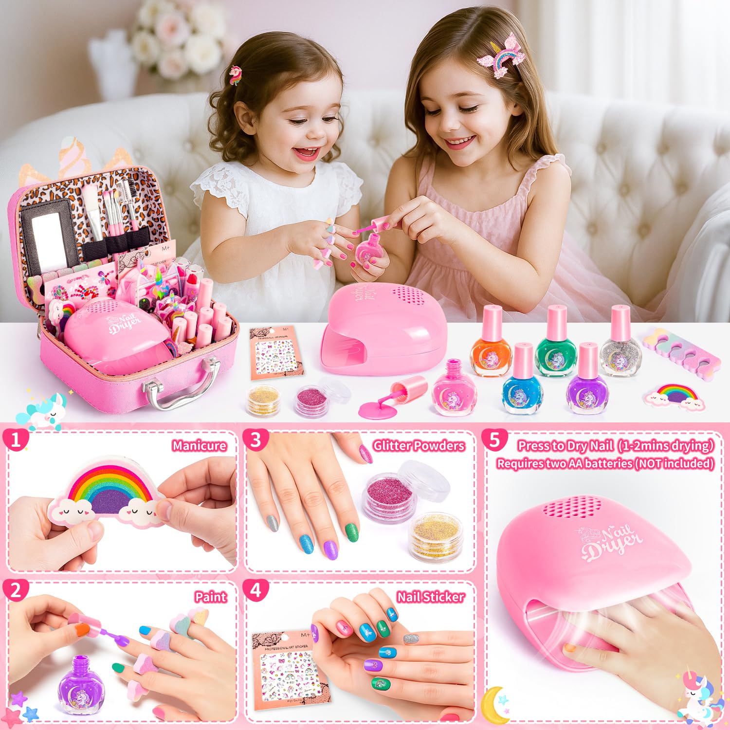 Hohosunlar Juguetes de Maquillaje para Niñas, Set Cosméticos Lavable y No Tóxico, Juegos de Salón Manicura, Kit Pintauñas, Regalo de Princesa Cumpleaños Navidad para Niña 3 4 5 6 7-12 Años