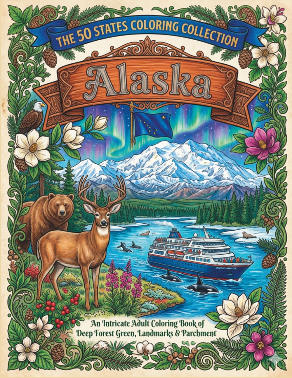 Scenic Alaska Coloring Book for Adults and Teens: Beautiful Wilderness Scenes, Wildlife, Mountains, Northern Lights, Cabins & Nature Pages